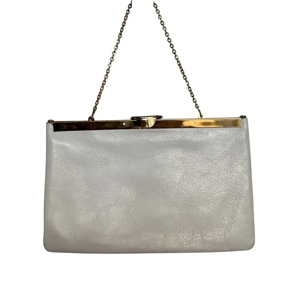 70s Etra white clutch with gold metal frame and matching gold chain strap